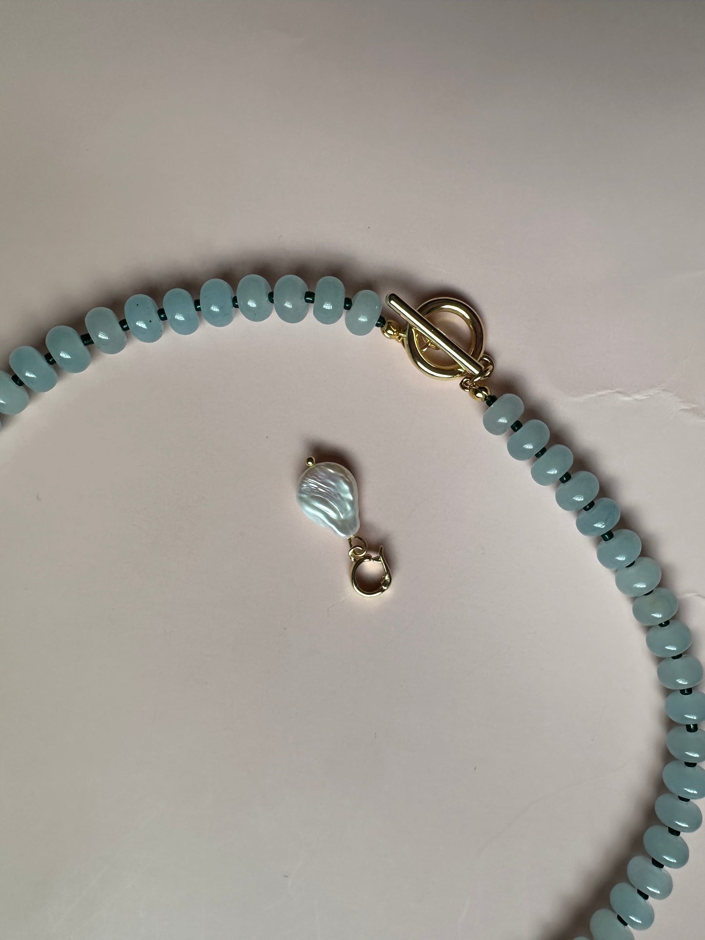 Sea Blue Semi Precious Beaded necklace with detachable pearl charm