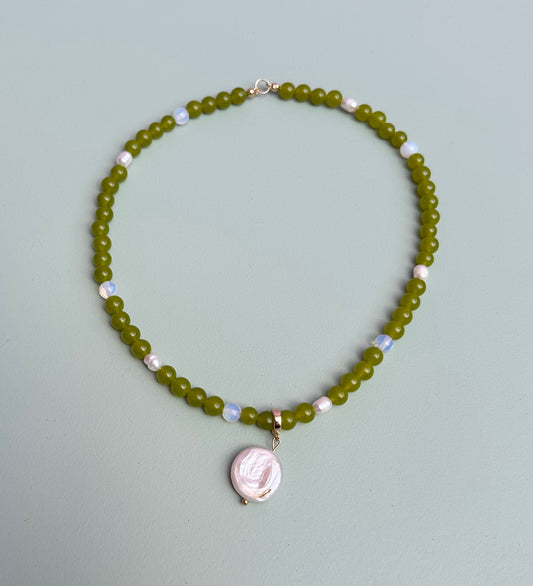 Lime Green and Pearls Semi Precious Beaded necklace