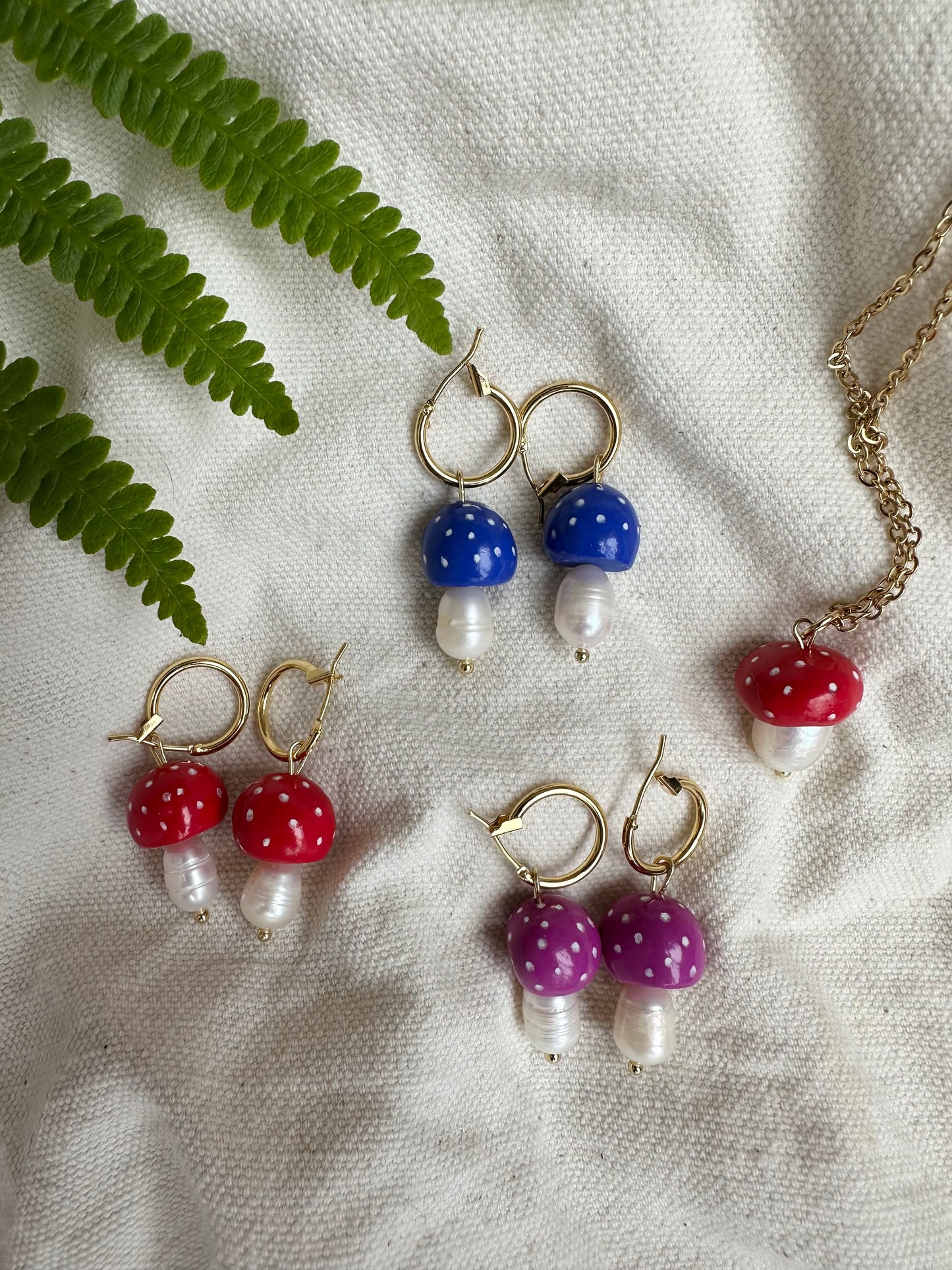 Mushroom Dangly Earrings/ Clay and Pearl