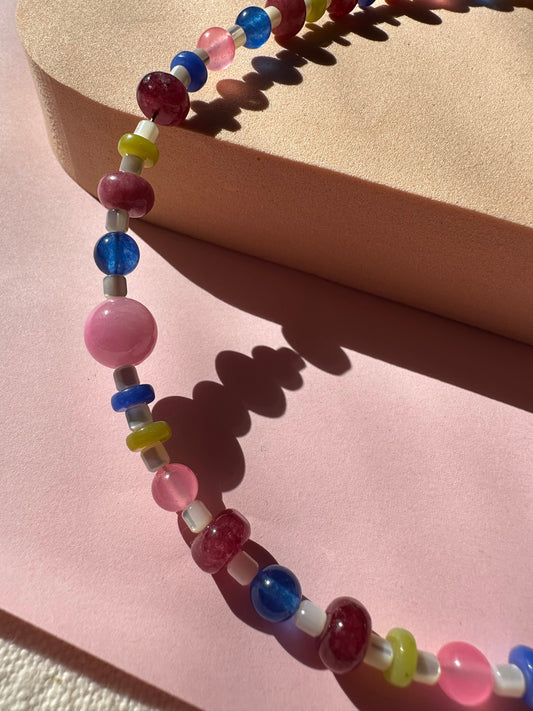 Burgundy and Blue Semi Precious Glass Bead Necklace