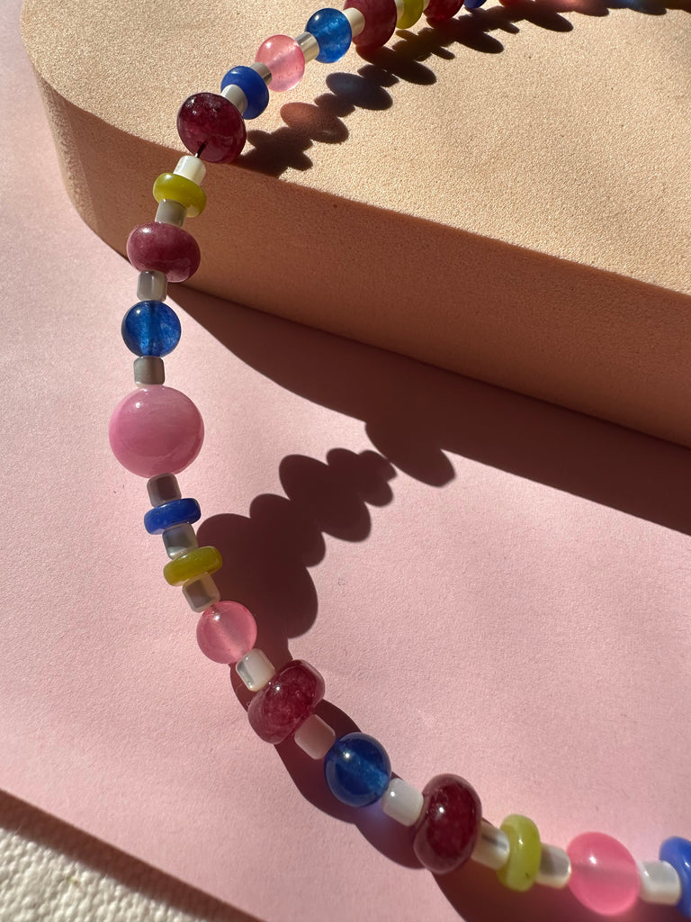 Burgundy and Blue Semi Precious Glass Bead Necklace