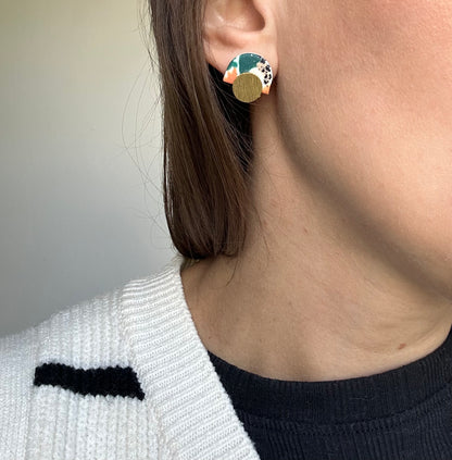 Statement Brass Stud Earrings/ Abstract Design