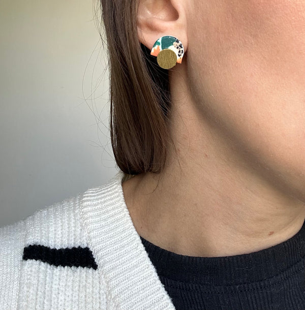 Statement Brass Stud Earrings/ Abstract Design