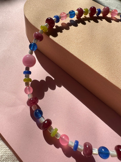 Burgundy and Blue Semi Precious Glass Bead Necklace