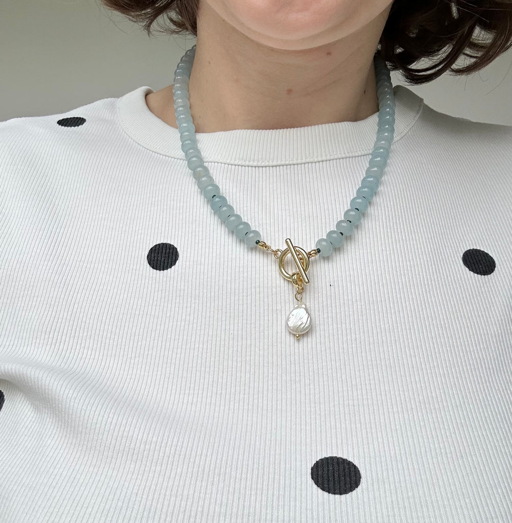 Sea Blue Semi Precious Beaded necklace with detachable pearl charm
