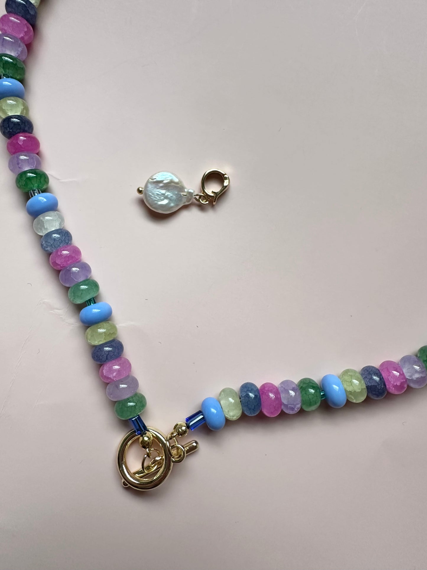 Multicoloured Beaded necklace with detachable pearl charm