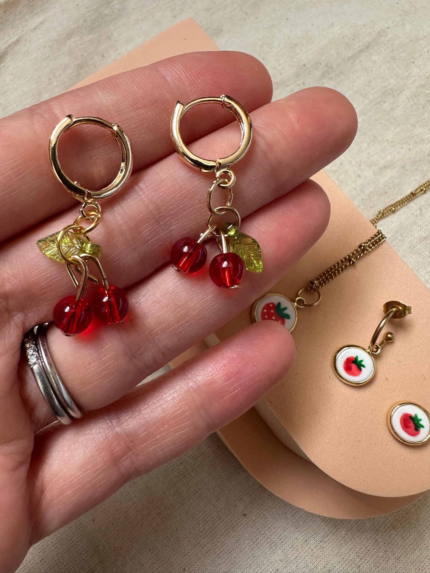 Glass Beads Cherry Hoop Earrings