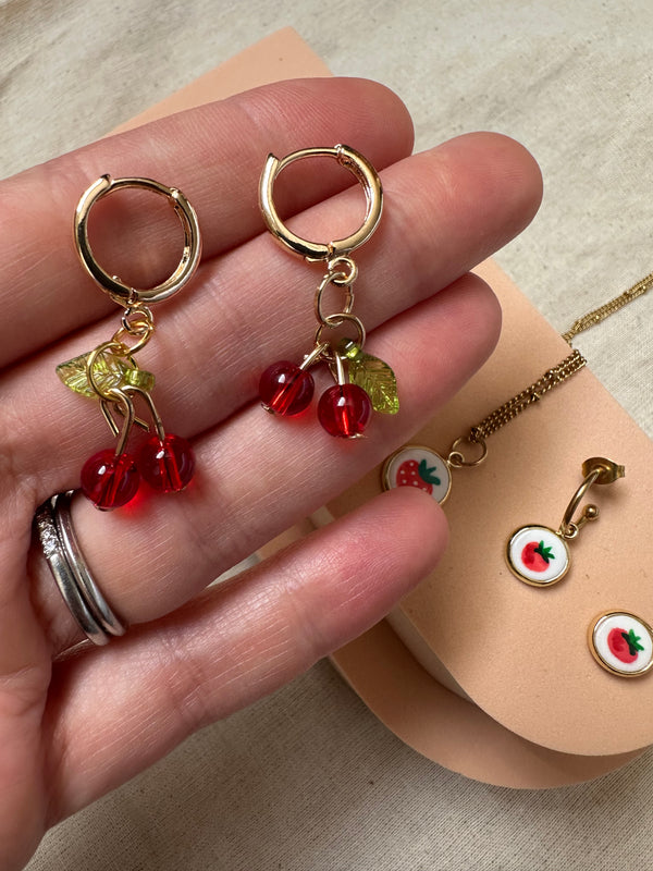 Glass Beads Cherry Hoop Earrings