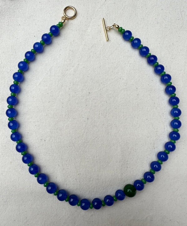 Glass Bead Necklace Blue and Burgundy