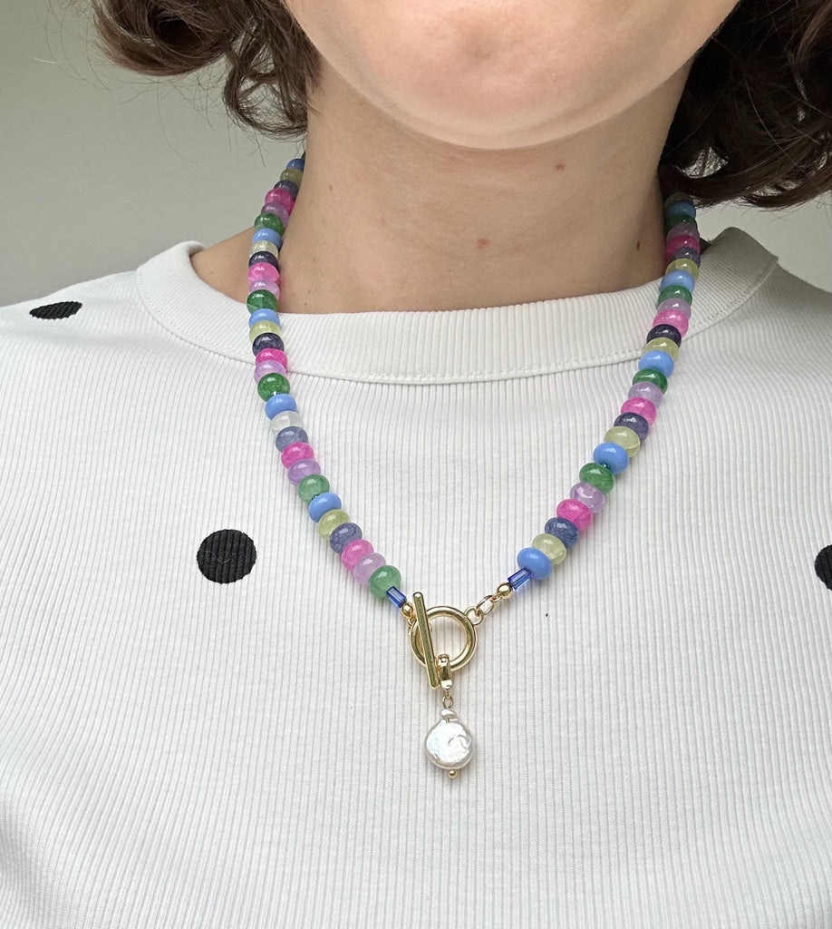 Multicoloured Beaded necklace with detachable pearl charm