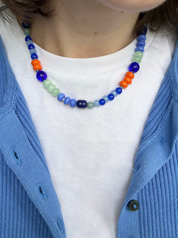 Blue and Orange Semi Precious Stone Bead Necklace