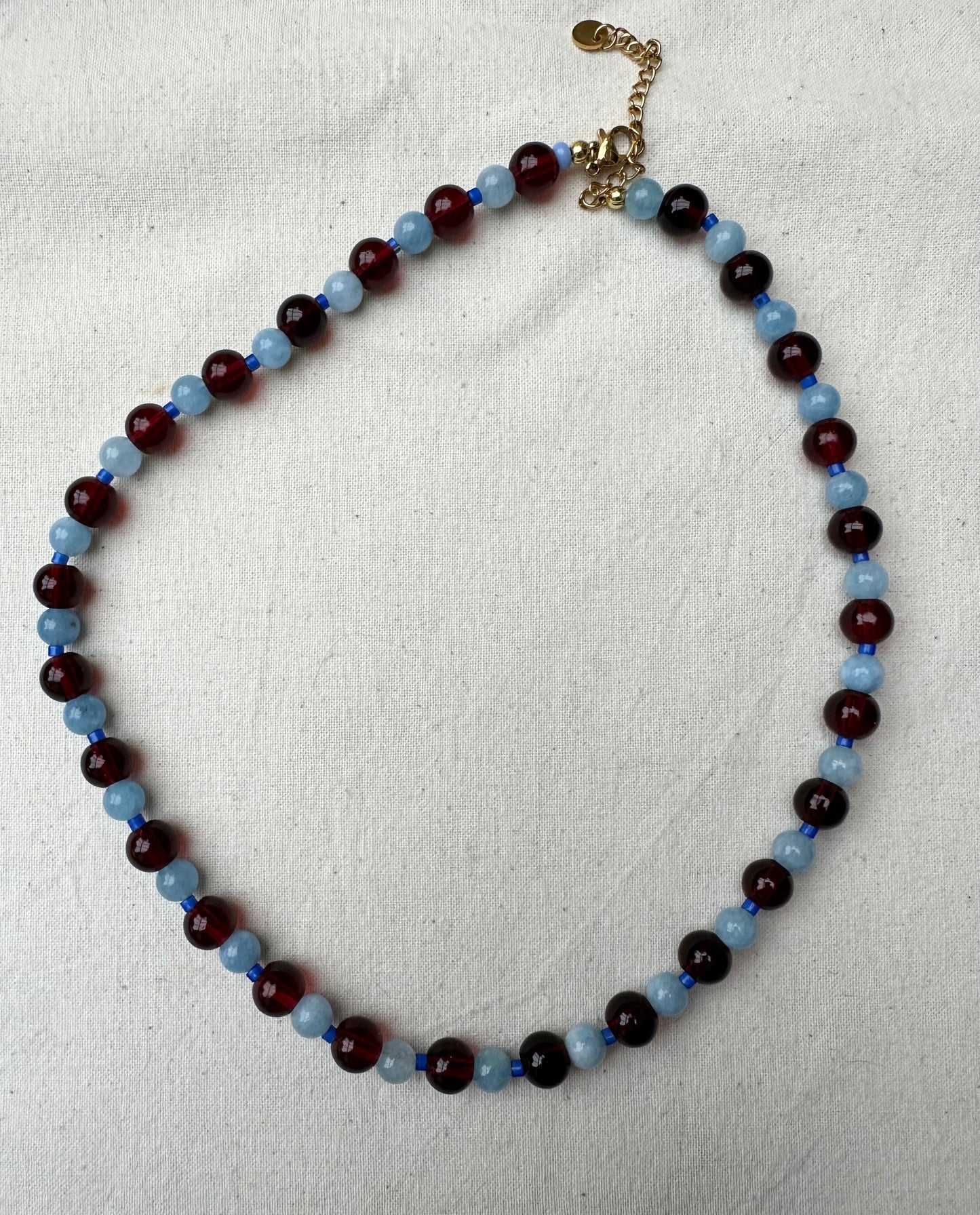 Glass Bead Necklace Blue and Burgundy