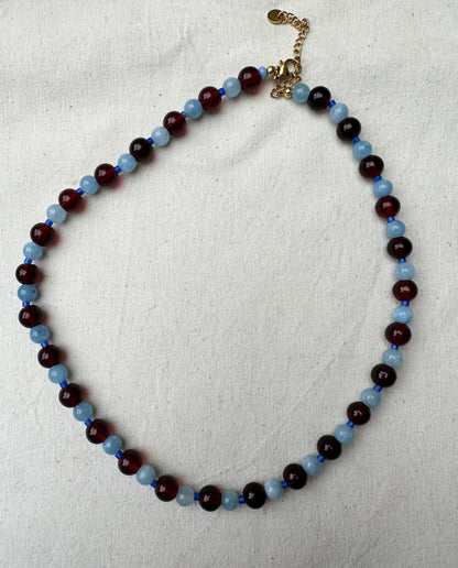 Glass Bead Necklace Blue and Burgundy