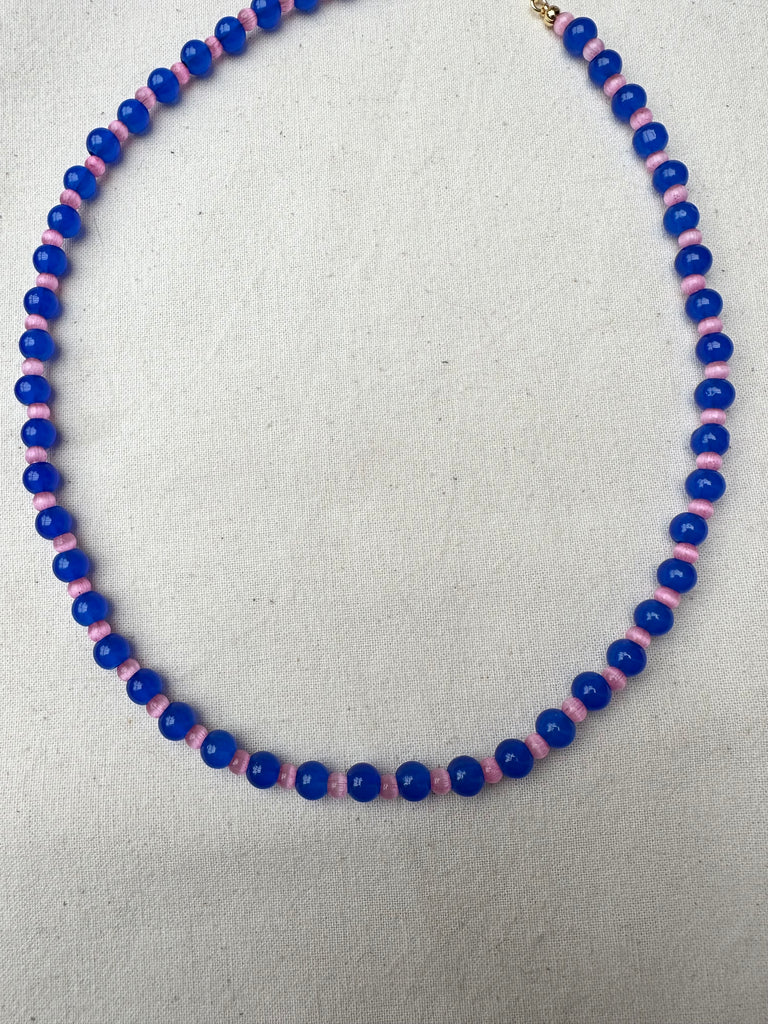 Glass Bead Necklace Blue and Burgundy