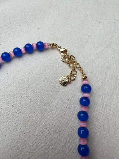 Glass Bead Necklace Blue and Burgundy