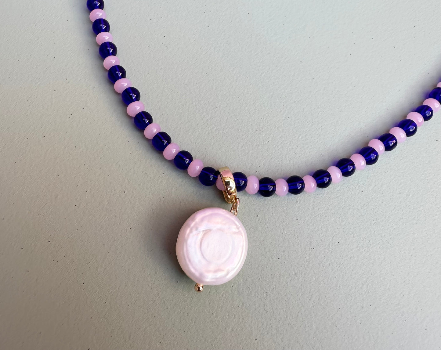 Light Pink and Royal Glass Beaded necklace with Charm