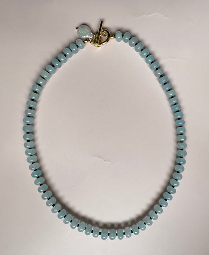 Sea Blue Semi Precious Beaded necklace with detachable pearl charm