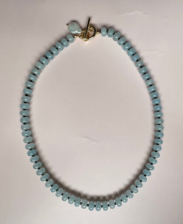 Sea Blue Semi Precious Beaded necklace with detachable pearl charm