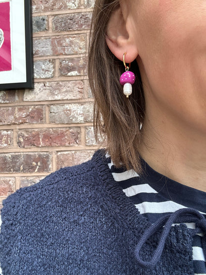 Mushroom Dangly Earrings/ Clay and Pearl