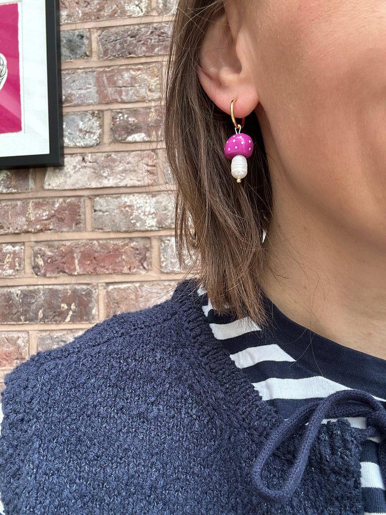 Mushroom Dangly Earrings/ Clay and Pearl