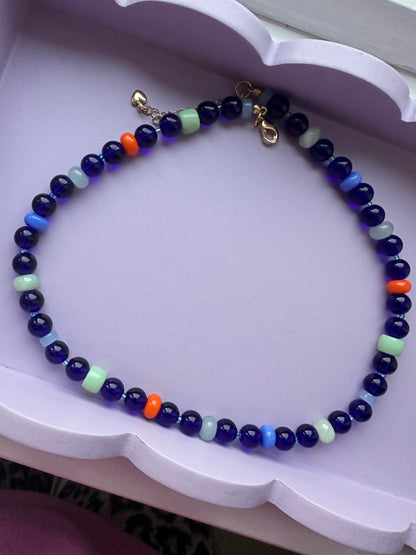 Navy and Orange Semi Precious Stone Bead Necklace