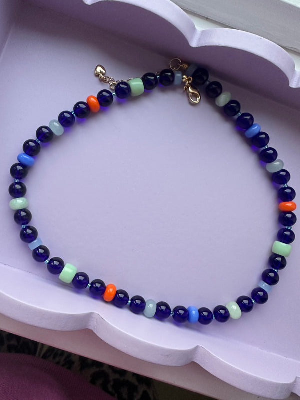 Navy and Orange Semi Precious Stone Bead Necklace