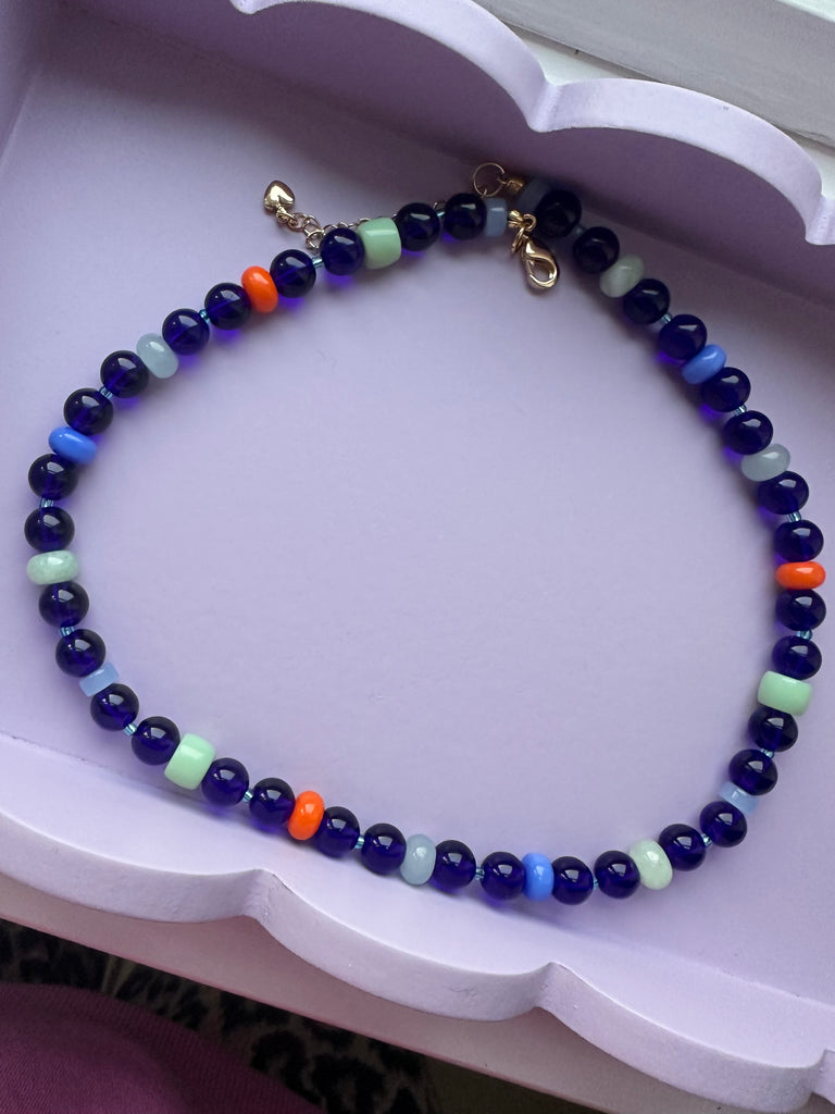Navy and Orange Semi Precious Stone Bead Necklace