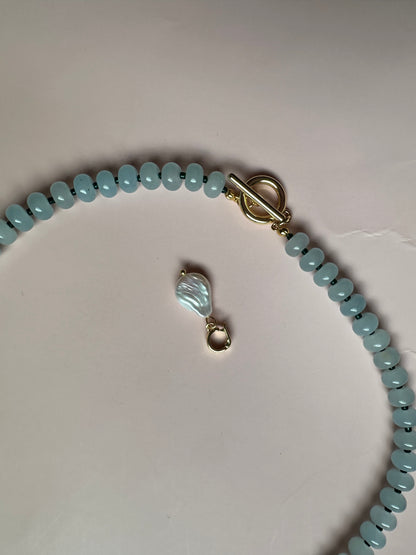 Sea Blue Semi Precious Beaded necklace with detachable pearl charm