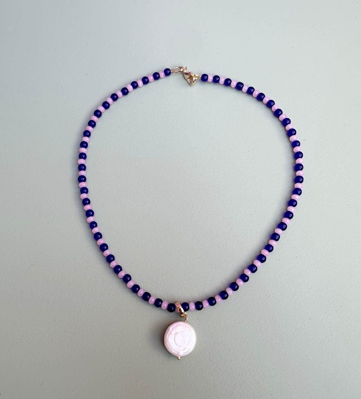 Light Pink and Royal Glass Beaded necklace with Charm