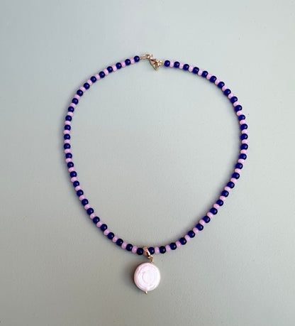 Light Pink and Royal Glass Beaded necklace with Charm