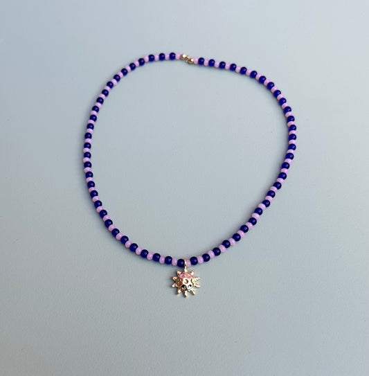 Light Pink and Royal Glass Beaded necklace with Sun Pendant