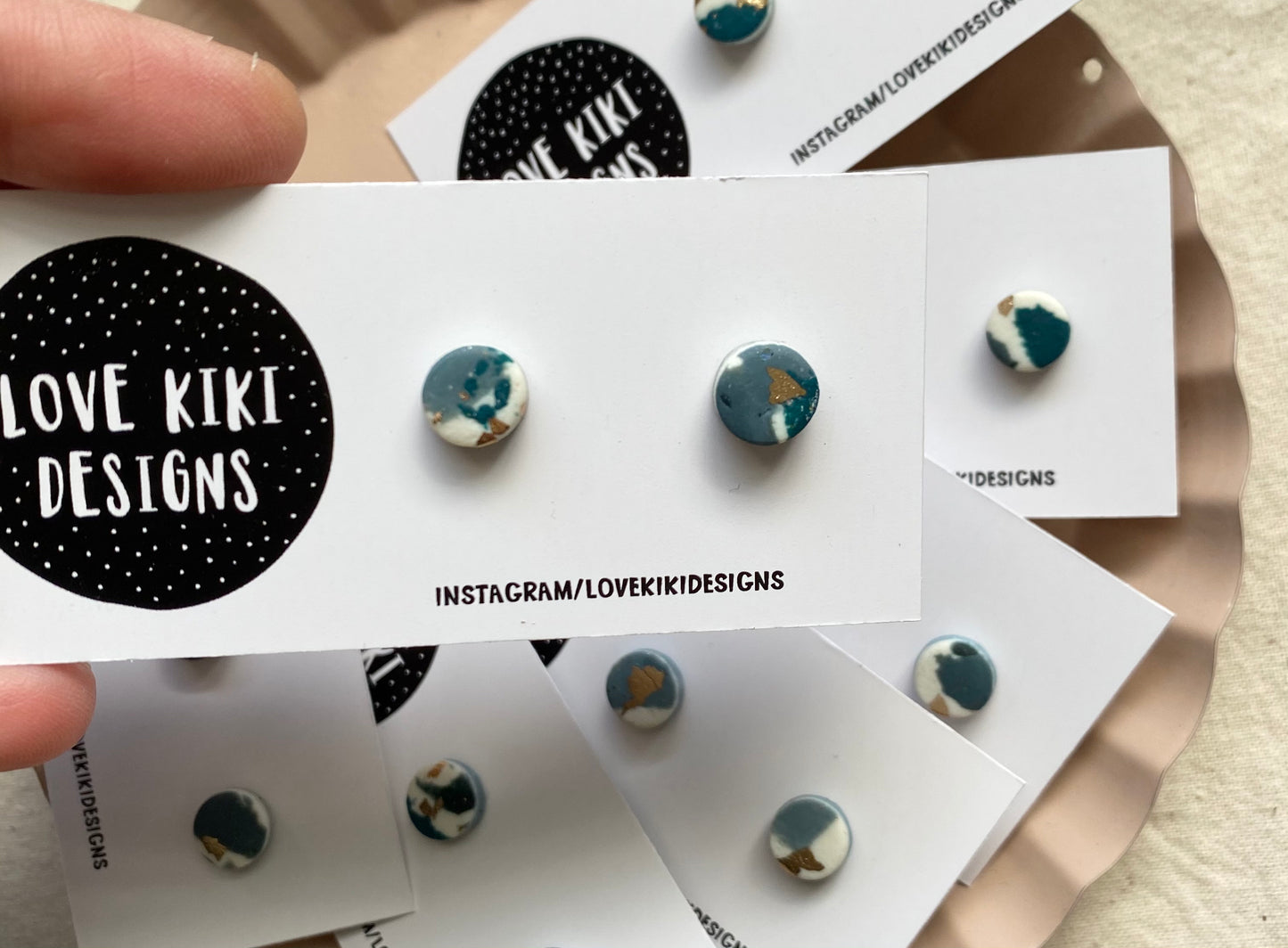 Very Small Clay Stud Earrings/Teal and Gold