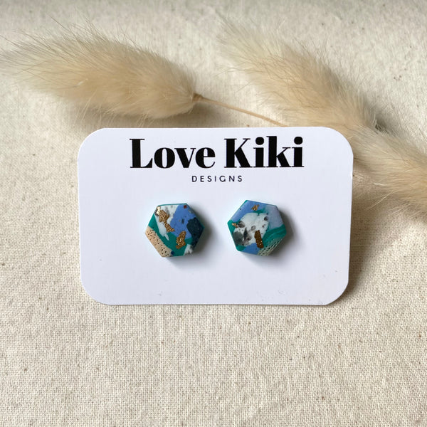 Hexagon Clay Studs Earrings/ Abstract Design