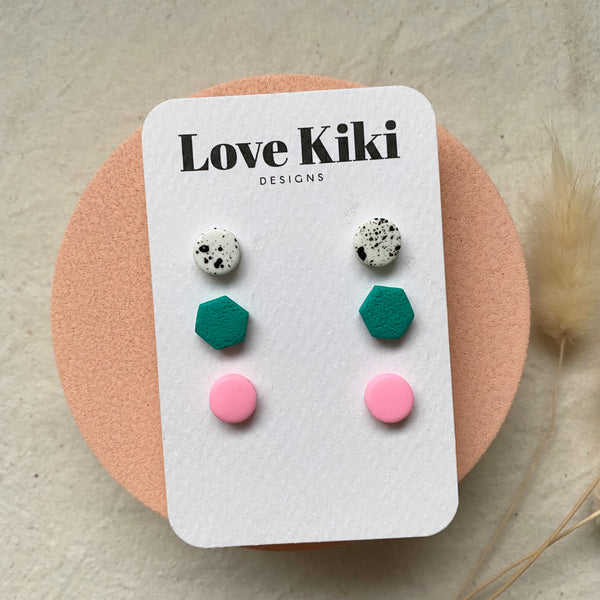 Very Small Clay Studs Earrings/ Pink and Green