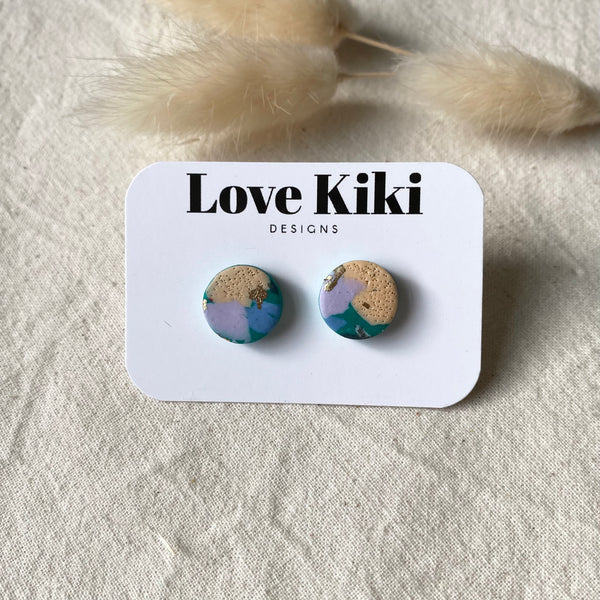 Round Clay Studs Earrings/ Green and Peach