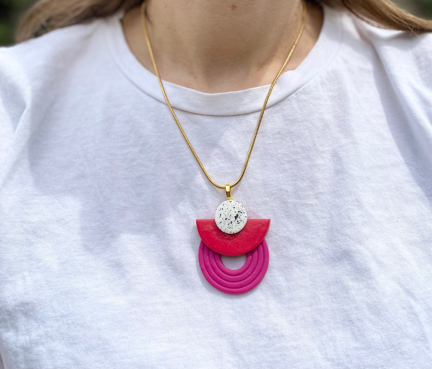 Geometric Pendant Necklace / Red and Pink