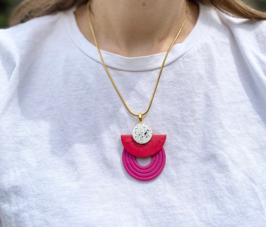 Geometric Pendant Necklace / Red and Pink