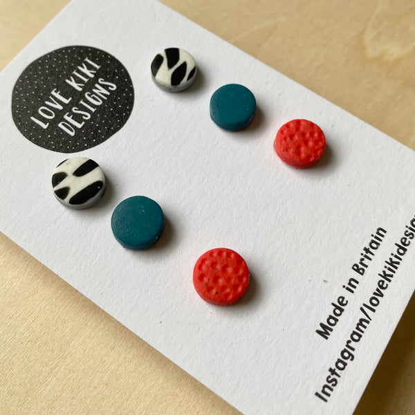 Set of Three Small Round Studs Earrings/ Confetti and Coral