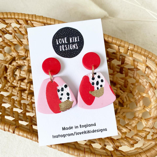 Abstract Design Dangle Earrings/ Pink and Red