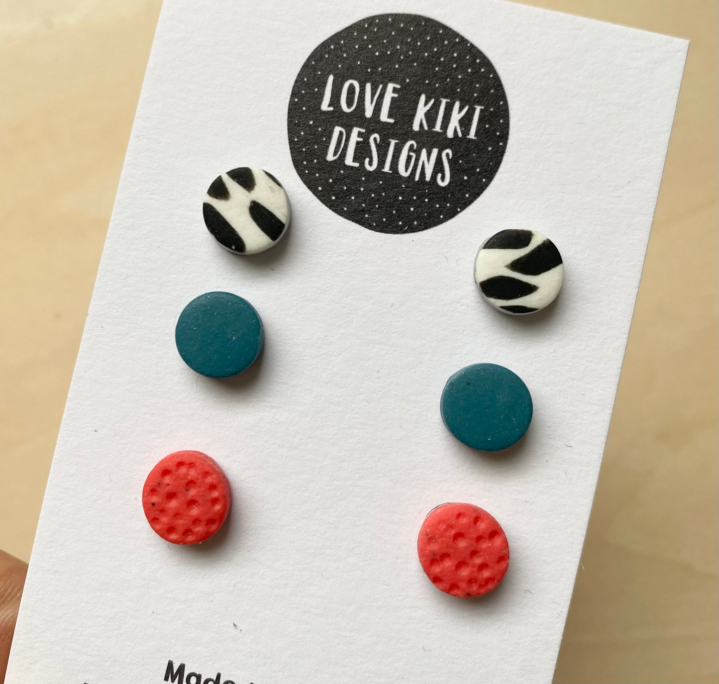 Set of Three Small Round Studs Earrings/ Confetti and Coral