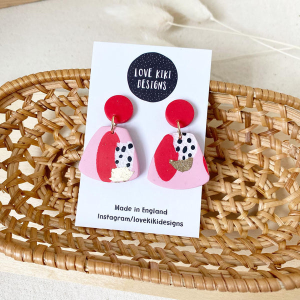 Abstract Design Dangle Earrings/ Pink and Red