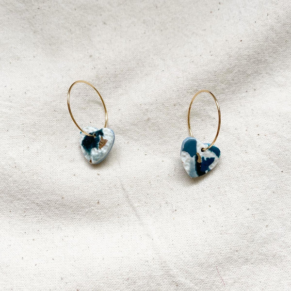 Dark Teal Terrazzo Heart Design Hoop Earrings