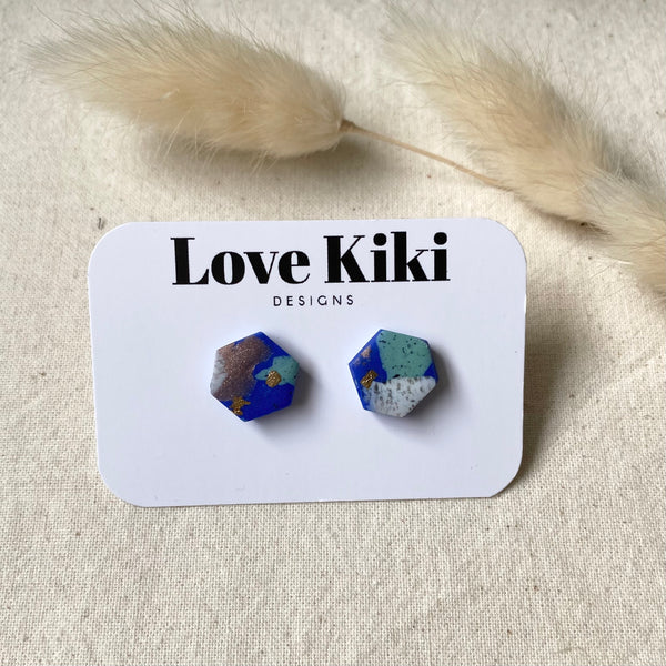Hexagon Clay Studs Earrings/ Abstract Design